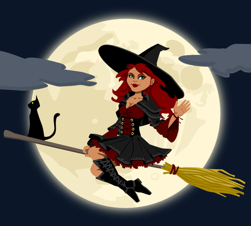 Trendy witch on broom vector illustration