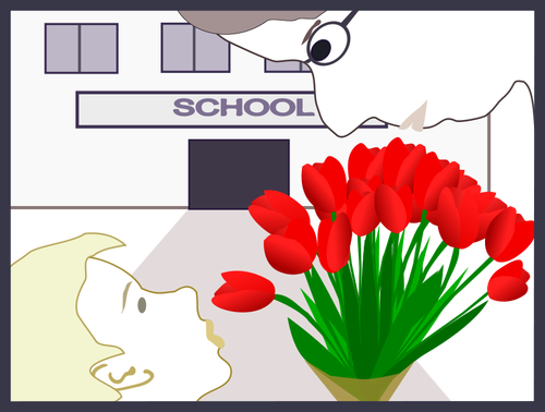 Schüler verleiht Lehrer-Vektor-Illustration Blumen.