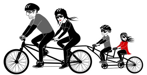Keluarga empat orang naik sepeda tandem vektor Menggambar