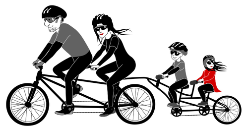 Famille de quatre personnes un tandem vélo de dessin vectoriel d