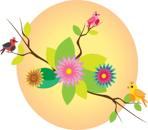 Fugler og blomster under solen illustrasjon