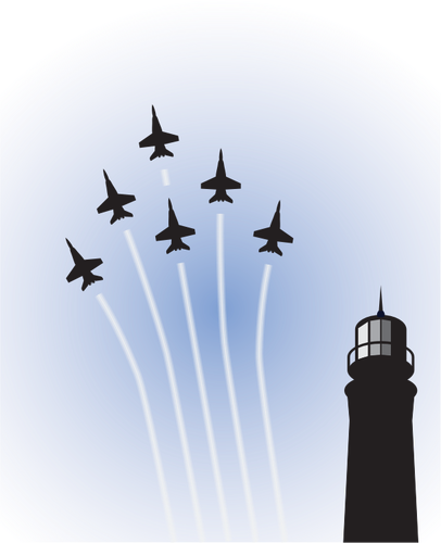 Vector drawing of military planes on show over lighthouse