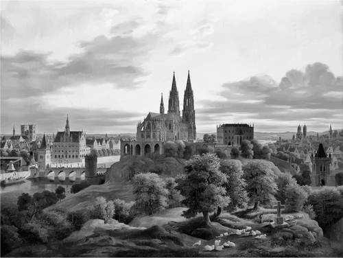 Ortaçağdan kalma şehir panoramik gri renkli çizimi
