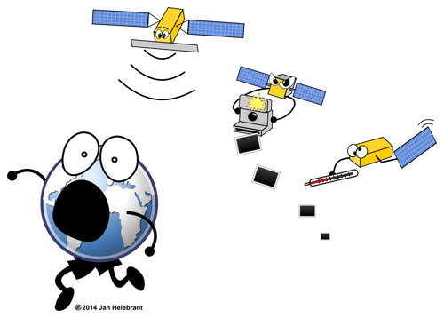 Cartoon om satellitter og verden