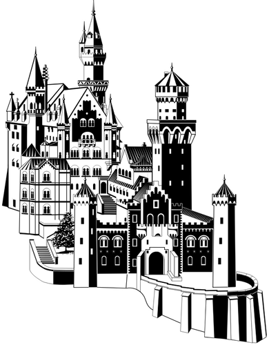 Kasteel Neuschwanstein in zwart-wit vector illustraties