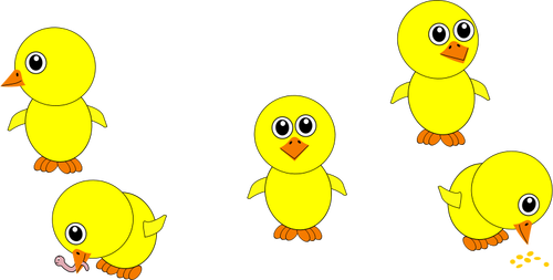 Cute yellow chicks eating vector image