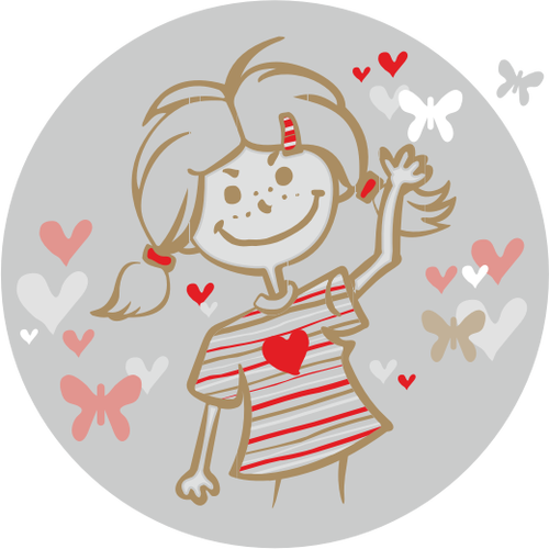 Clipart vectorial de niña con distintivo de corazones volando