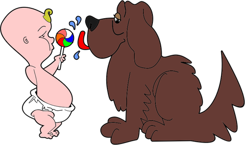 Imagen cómica de un bebé y un perro.