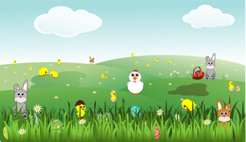Ostern-Landschaft mit Hasen, Küken, Eier, Huhn, Blumen