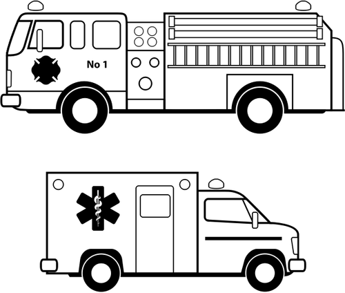 Ambulance- en brand vrachtwagen lijn kunst vector afbeelding