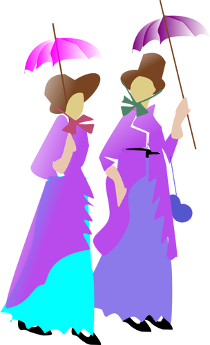 Abbildung der beiden Damen, die zu Fuß in lila Kleider
