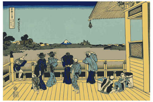 Ilustración de vector de hombres y mujeres mirando al Monte Fuji desde una terraza