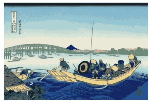 Ilustração em vetor do pôr do sol sobre Ryogoku ponte de embankmnet a Onmaya