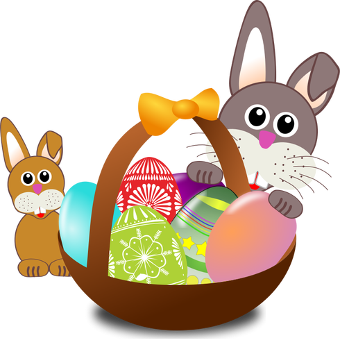 Ilustración del vector bebé conejo y un conejo detrás de la canasta de huevos de Pascua
