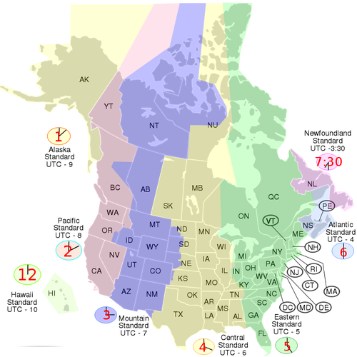 Vektorkart over USA og Canada tidssoner