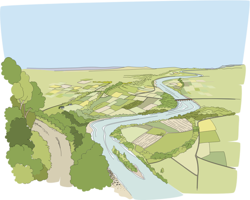 Dibujo de río que fluye a través de verdes campos