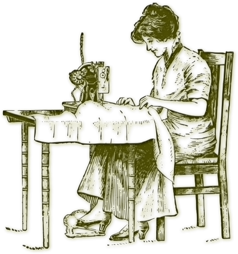 Ilustração vetorial de mulher vintage em uma velha máquina de costura