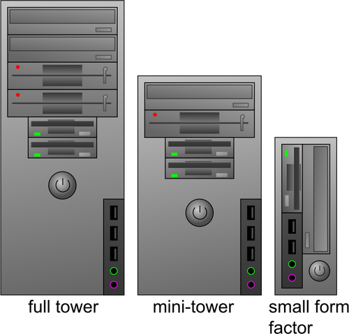 Värivektorin ClipArt-kuvan kolmenlaisia tietokonekoteloita
