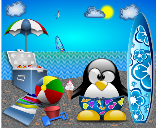 Tux at the beach vector clip art