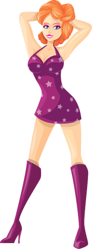 Рыжеволосая девушка в фиолетовой обтягивающей одежде