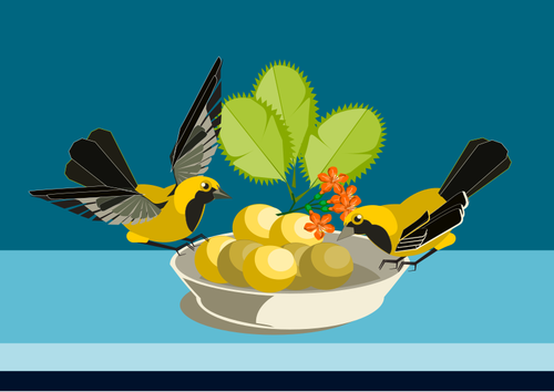 Vektor illustration av två små fåglar äta ur en maträtt