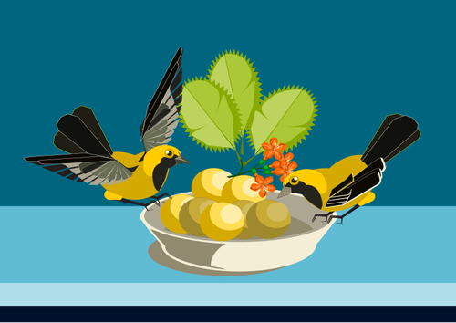 Illustration vectorielle de deux petits oiseaux mangeant sur un plat