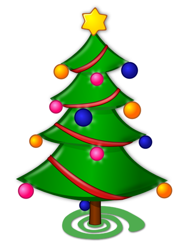 Christmas tree with ornaments and red ribbon vector graphics