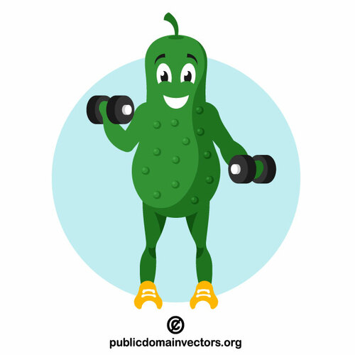 Cucumber character exercising with dumbbells