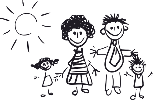 Czarno-biały dzieciak rysunek rodziny
