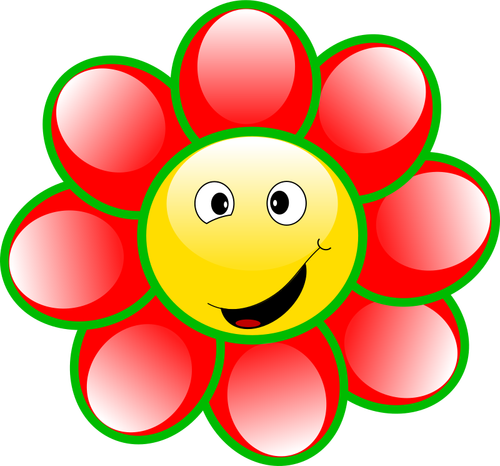 Tegning av smilende rød og grønn blomst