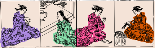 Cuatro geishas en diferentes poses