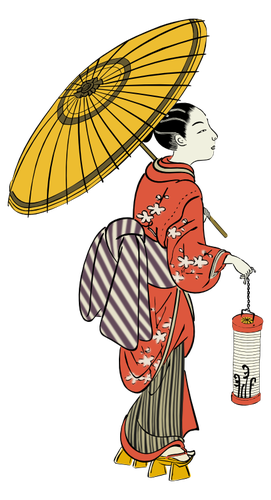 ランタンのベクトル画像と日本の女の子