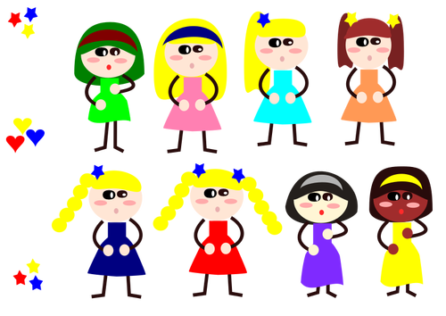 Meninas dos desenhos animados em vestidos diferentes