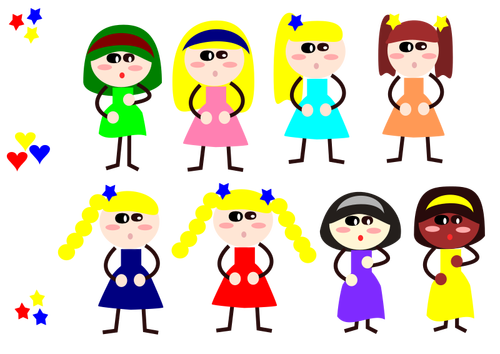 Cartoon girls in different dresses