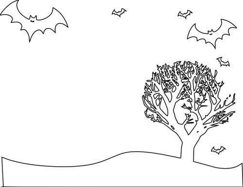 Outline vector illustration of scenery with bats and tree