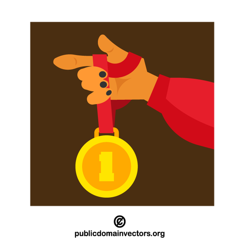 Hand holding a golden medal