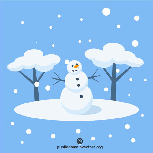 Счастливый снеговик в лесу