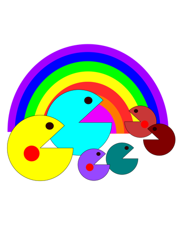 Pacman family in front of a rainbow vector clip art