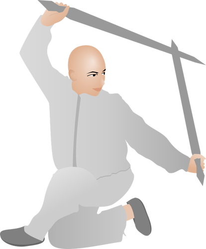 Desenho do homem de kung fu com duas espadas vetorial