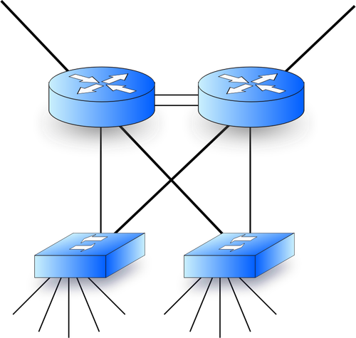 वेक्टर ग्राफ़िक्स के साथ दो routers और दो स्विच नेटवर्क आरेख के