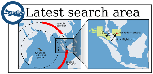 Vector afbeelding van infographic kaart van het zoeken naar het ontbrekende Maleisische vliegtuig