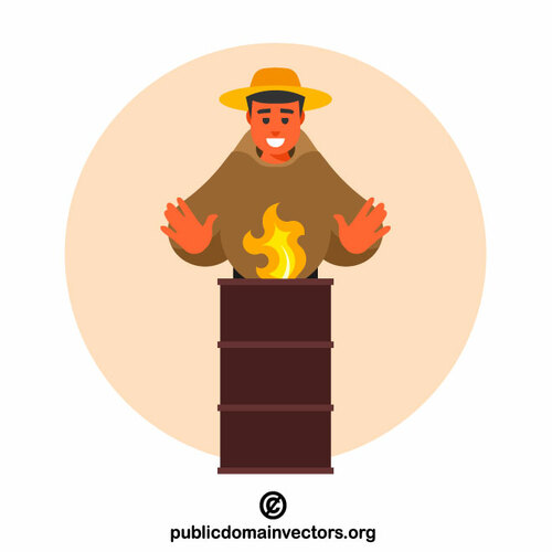 Hombre de pie junto a un barril en llamas