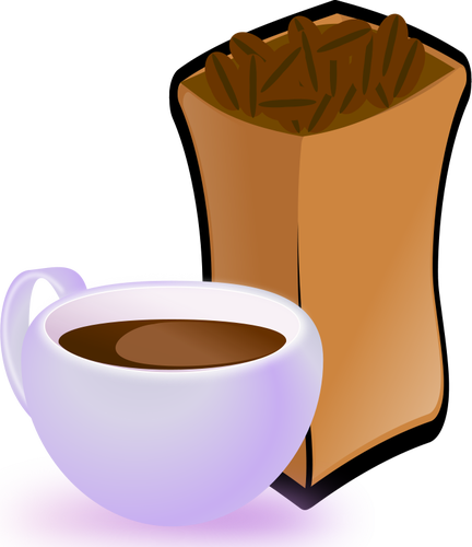Vektorový obrázek fialové šálek kávy s pytlem kávová zrna