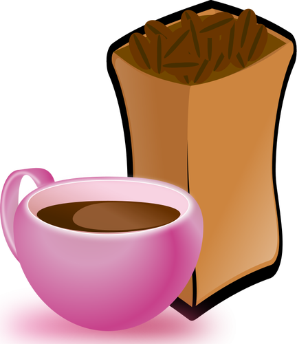 Vektorový obrázek růžový šálek kávy s pytlem kávová zrna