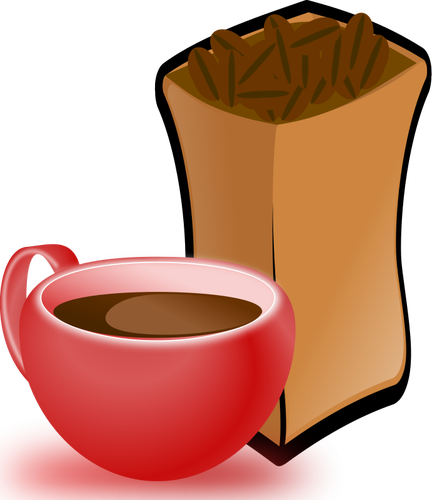 Vector de la imagen de rojo taza de café con saco de granos de café