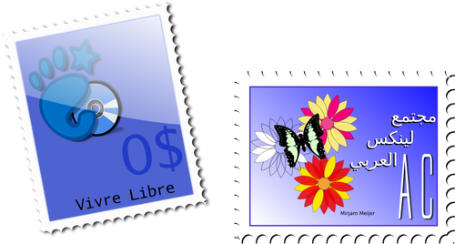 Vector graphics of gnome and butterfly postal stamps
