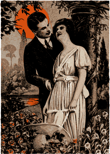 Vector de la imagen de hombre y mujer bajo sol naranja