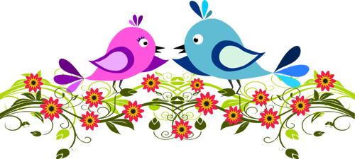 Image of two cute birds winging among flowers