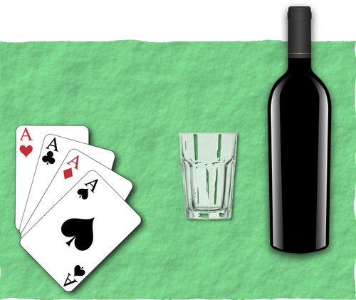 चार खेल कार्ड का चित्रण, एक गिलास और शराब की बोतल वेक्टर
