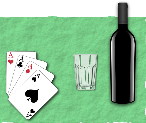 Vector illustration de quatre cartes à jouer, un verre et une bouteille de vin